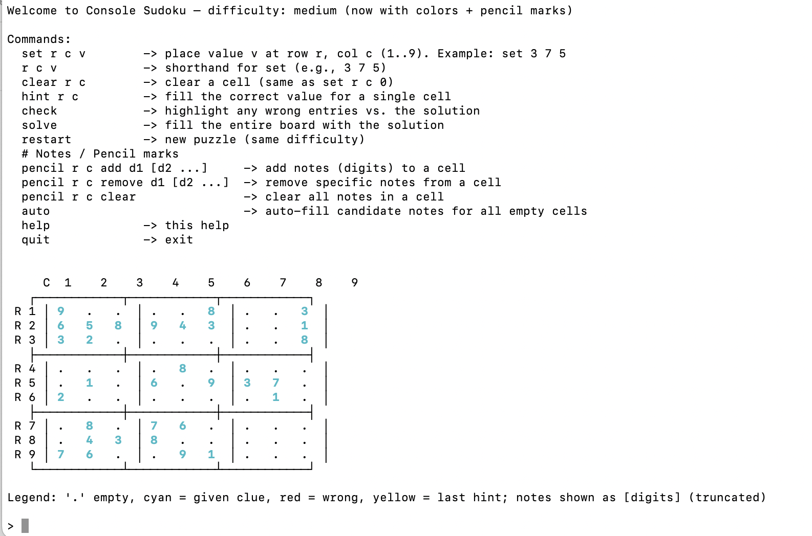 Screenshot showing sudoku game running in console